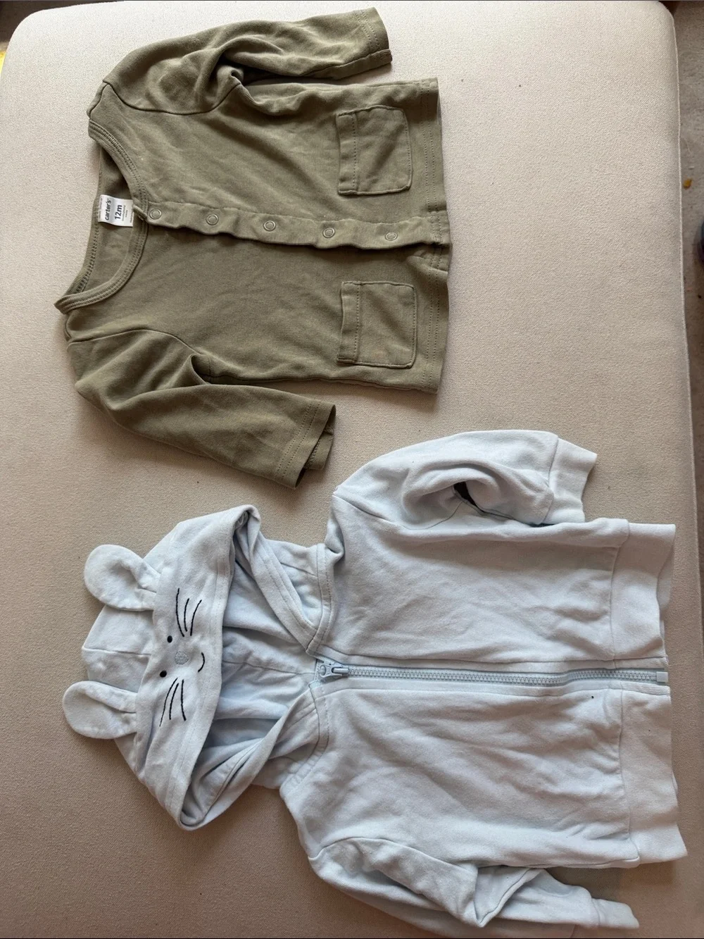 Carter's Olive Green Cardigan & Light Gray Bunny Hooded Zip Jacket Set